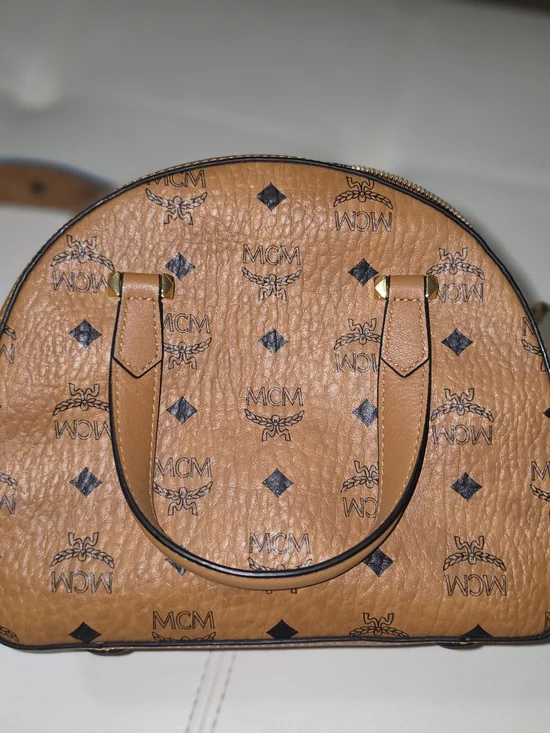 MCM Cognac Leather Dome Satchel with Blue & Teal Artistic Print - Picture 3 of 5